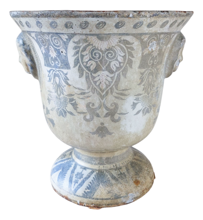 antique white with blue enamel and cast iron paris en cie vase 6937