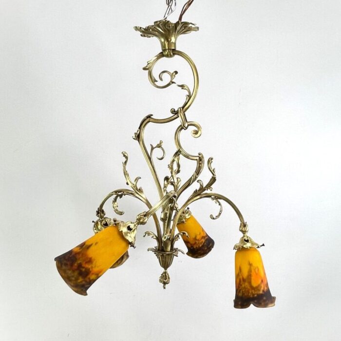 art deco chandelier attributed to muller freres luneville pate de verre bronze 1920s 1803