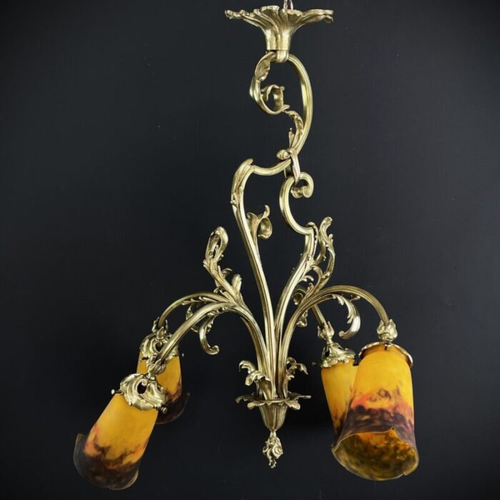 art deco chandelier attributed to muller freres luneville pate de verre bronze 1920s 4954