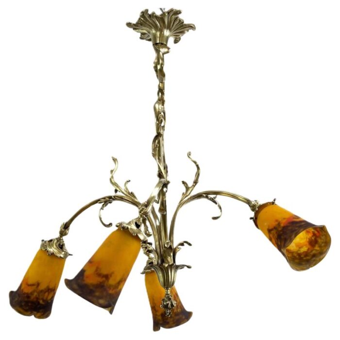 art deco chandelier attributed to muller freres luneville pate de verre bronze 1920s 5133