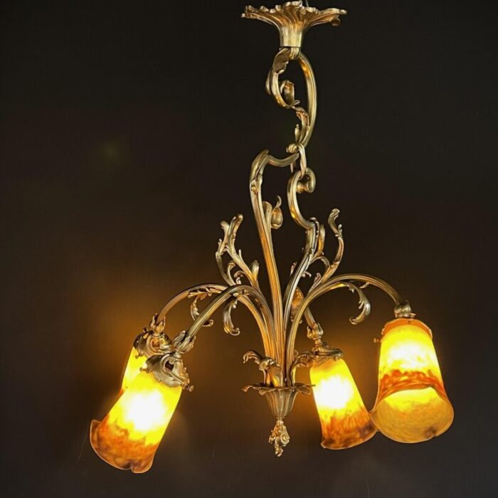 art deco chandelier attributed to muller freres luneville pate de verre bronze 1920s 6363