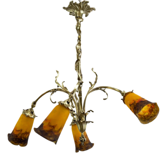 art deco chandelier attributed to muller freres luneville pate de verre bronze 1920s 7719