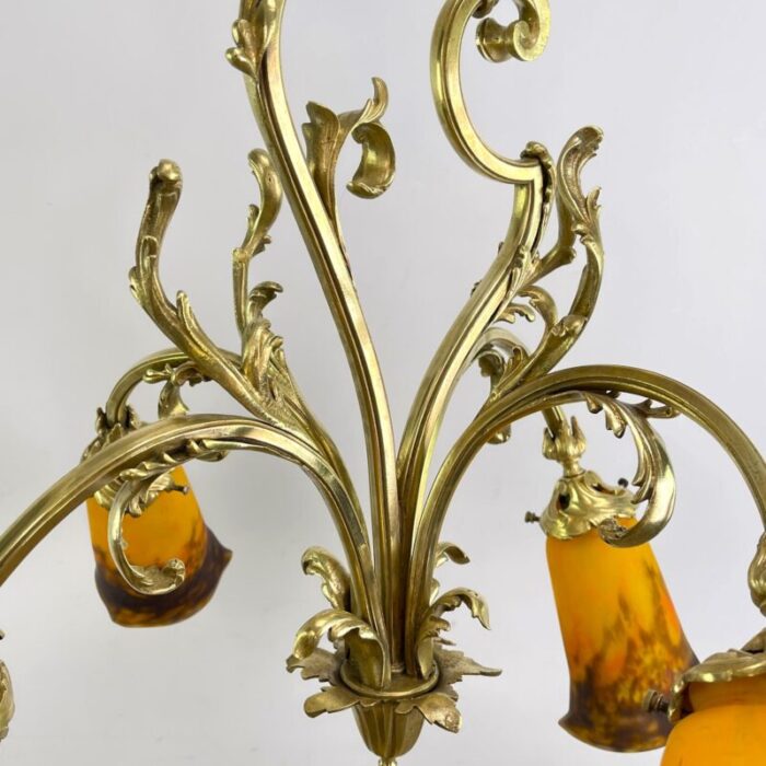 art deco chandelier attributed to muller freres luneville pate de verre bronze 1920s 8276