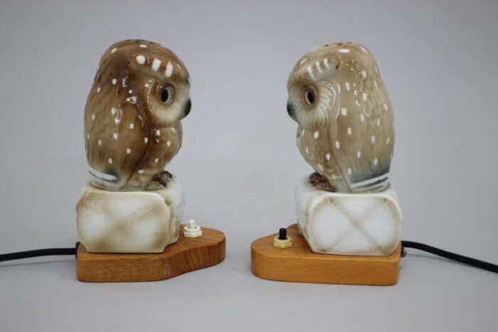 art deco porcelain owl table lamps czechoslovakia 1930s set of 2 2