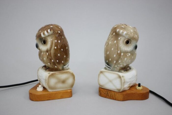 art deco porcelain owl table lamps czechoslovakia 1930s set of 2 3