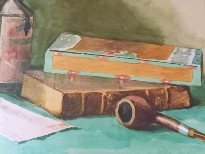 arts and crafts era antique watercolor of books and pipe library or desk decor 7175