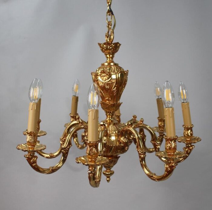 baroque 6 arm ormolu chandeliers 1980s set of 2 0098