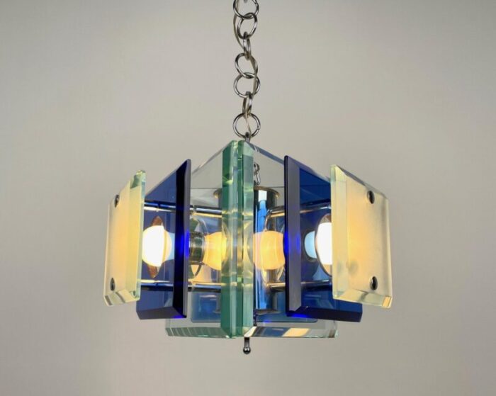 blue glass chrome chandelier from lupi cristal luxor italy 1970s 7