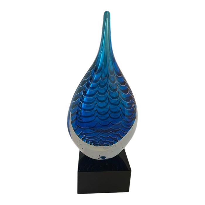 blue hand blown rain drop art glass on black glass base 7794