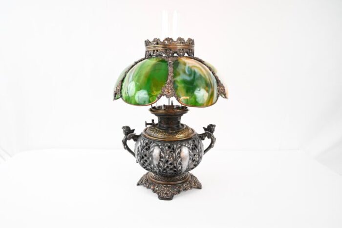 bradley and hubbard victorian style oil lamp with hand painted hurricane glass 2996