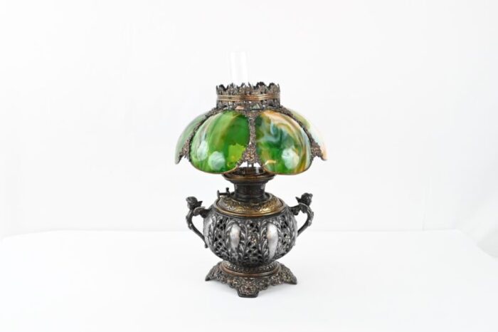 bradley and hubbard victorian style oil lamp with hand painted hurricane glass 3077