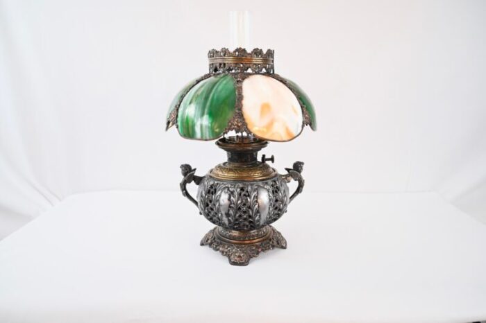 bradley and hubbard victorian style oil lamp with hand painted hurricane glass 4872