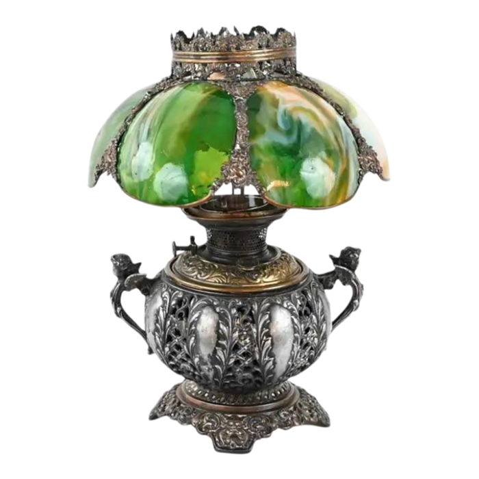 bradley and hubbard victorian style oil lamp with hand painted hurricane glass 5872