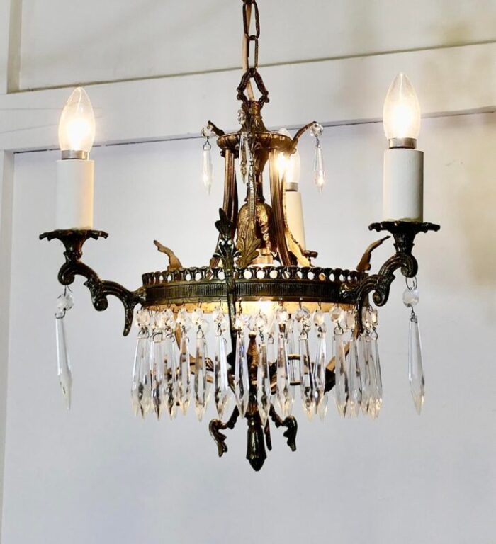 brass and crystal 3 branch chandelier 1890s 5477