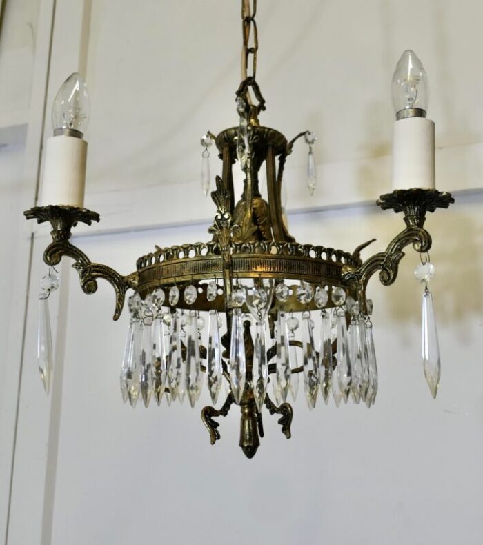 brass and crystal 3 branch chandelier 1890s 7242