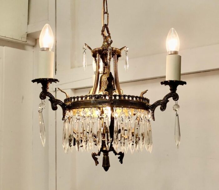 brass and crystal 3 branch chandelier 1890s 9358