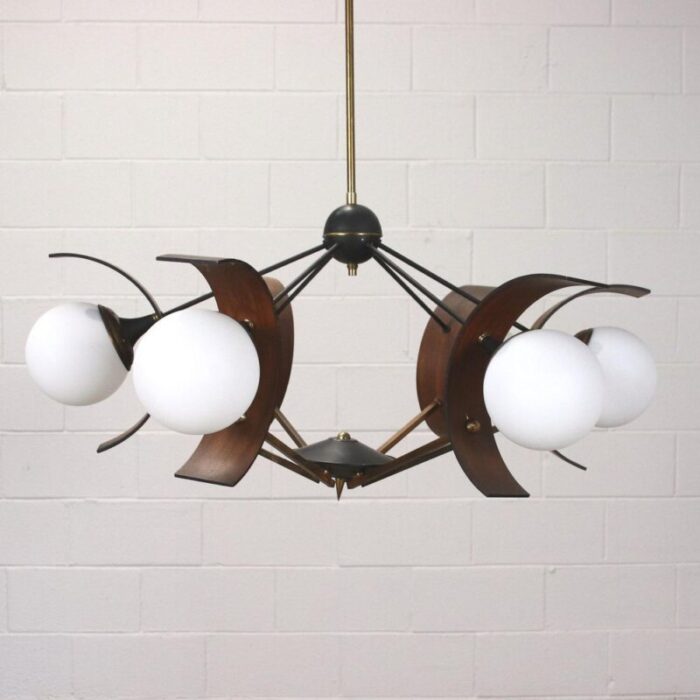 ceiling lamp in wood metal glass brass italy 1950s 1960s 1