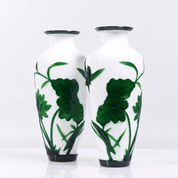 chinese green and white peking glass vase pair 0151