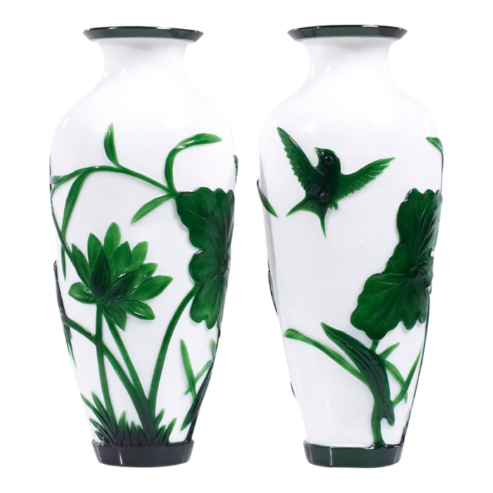 chinese green and white peking glass vase pair 2556