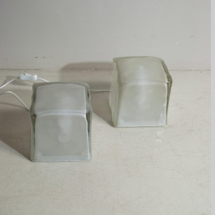 cube shaped table lamps in satin glass late 1970s set of 2 1