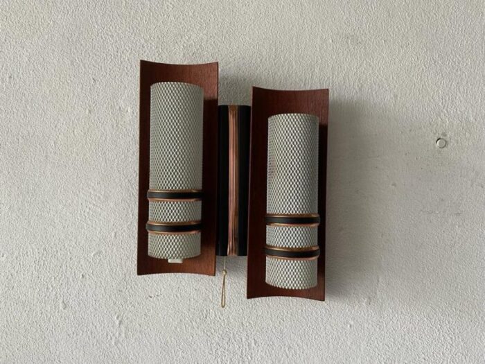 curved wood double white metal shade single sconce 1960s set of 2 1