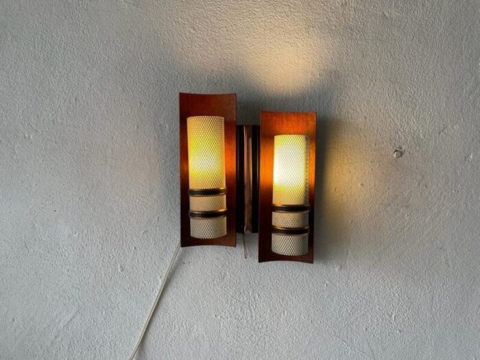 curved wood double white metal shade single sconce 1960s set of 2 10