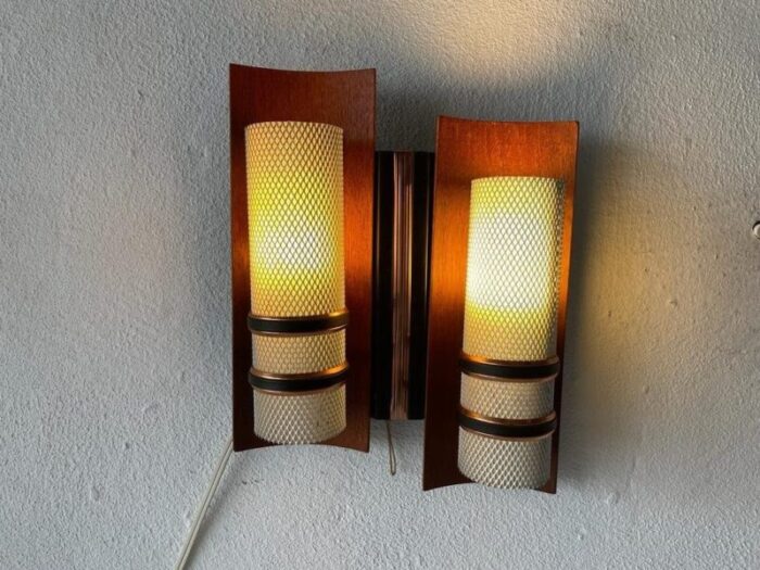 curved wood double white metal shade single sconce 1960s set of 2 2