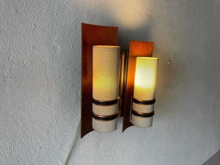 curved wood double white metal shade single sconce 1960s set of 2 3