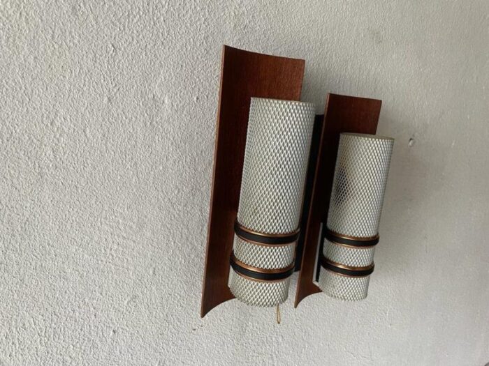 curved wood double white metal shade single sconce 1960s set of 2 4