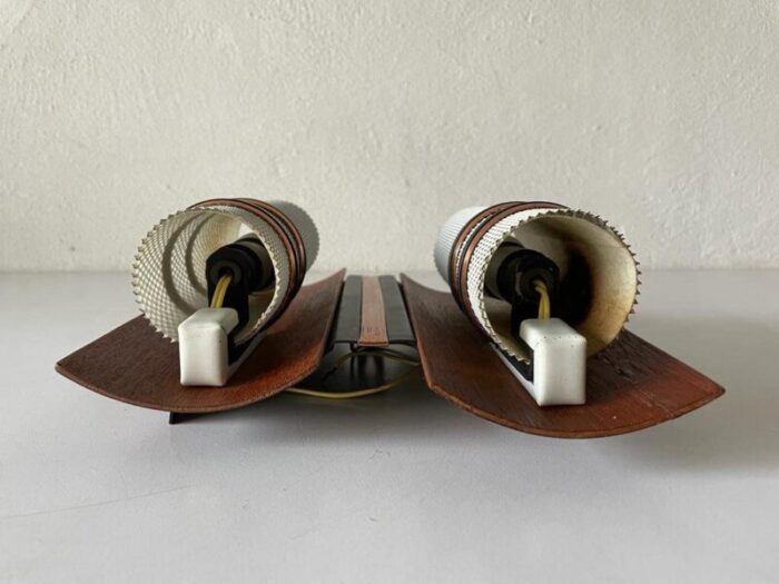 curved wood double white metal shade single sconce 1960s set of 2 9