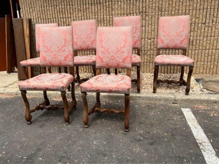 early 20th century set of 6 flemish style walnut carved rose upholstered dining chairs 1046