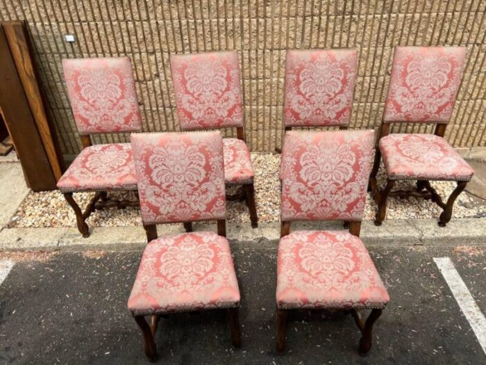 early 20th century set of 6 flemish style walnut carved rose upholstered dining chairs 4004