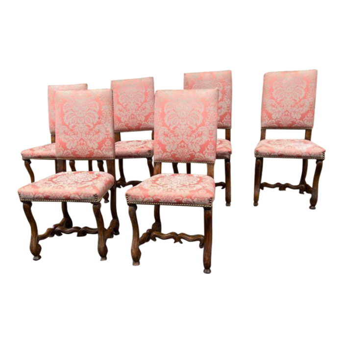 early 20th century set of 6 flemish style walnut carved rose upholstered dining chairs 7540