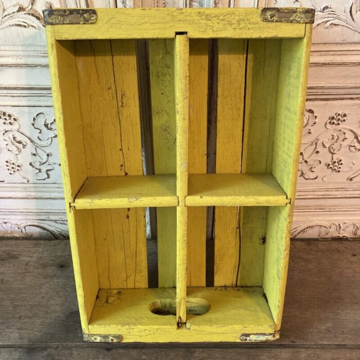 early 20th century wood divided crate or bottle carrier in chartreuse 2939