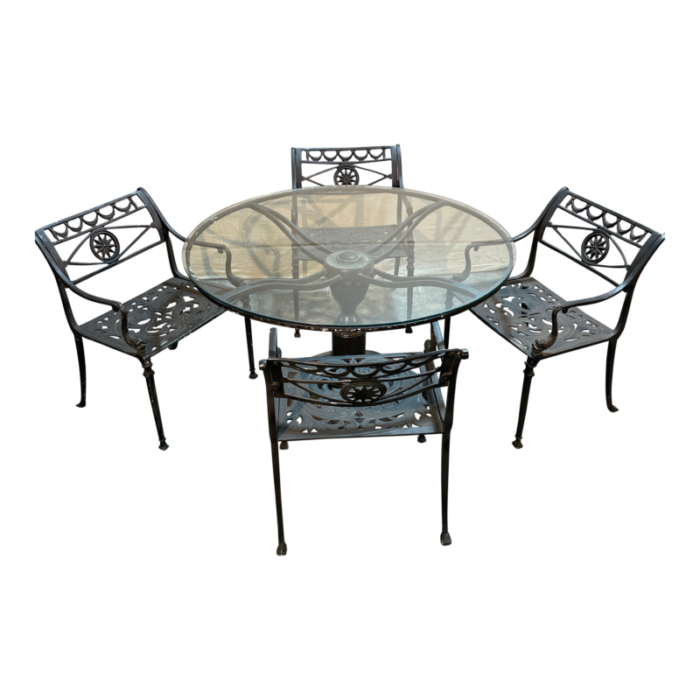 early 21st century neoclassical cast aluminum and glass patio table and 4 chairs 3470