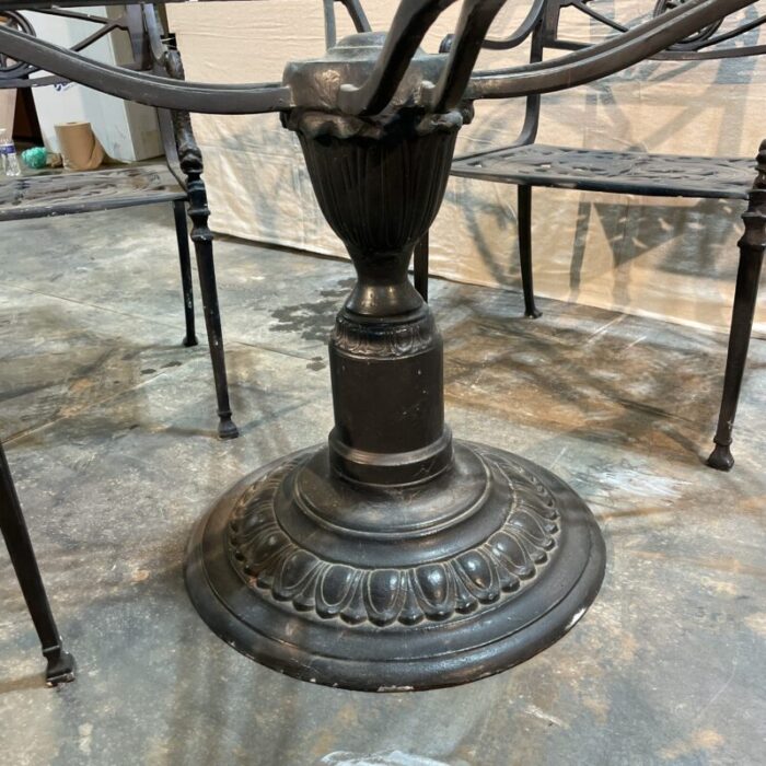 early 21st century neoclassical cast aluminum and glass patio table and 4 chairs 7048