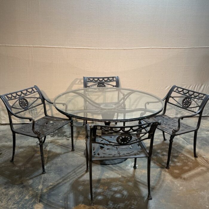 early 21st century neoclassical cast aluminum and glass patio table and 4 chairs 8736