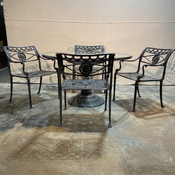 early 21st century neoclassical cast aluminum and glass patio table and 4 chairs 9077