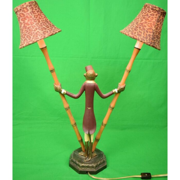 early 21th century monkey bellhop metal bamboo table lamp w leopard print felt shades 2778