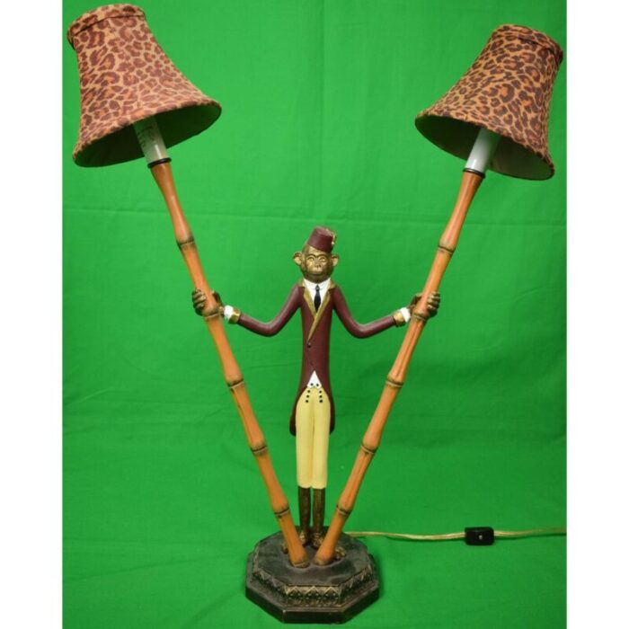 early 21th century monkey bellhop metal bamboo table lamp w leopard print felt shades 9064