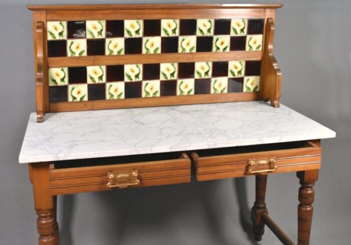 edwardian tile back marble top washstand in birch 1890s 1530