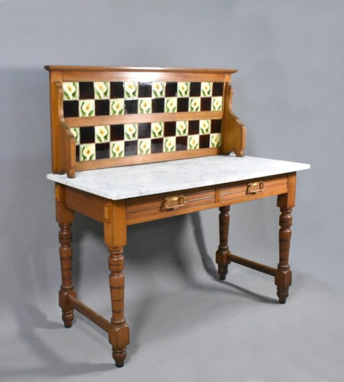 edwardian tile back marble top washstand in birch 1890s 3096