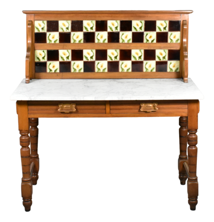 edwardian tile back marble top washstand in birch 1890s 5919