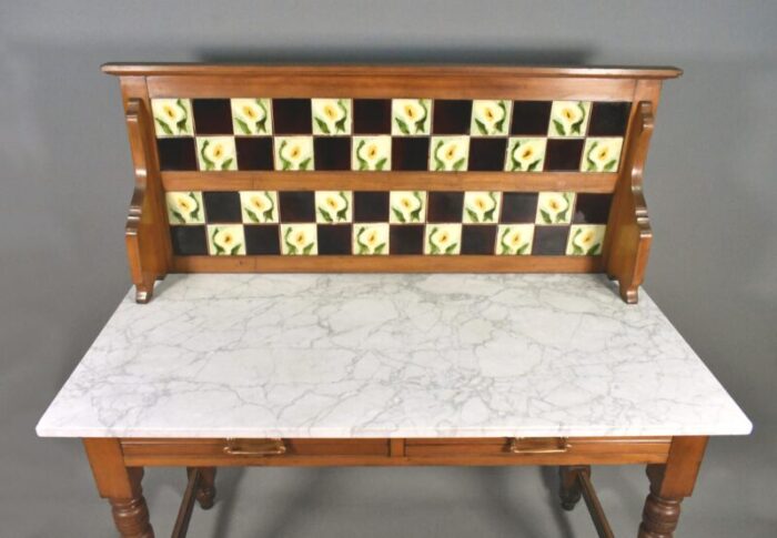 edwardian tile back marble top washstand in birch 1890s 7224