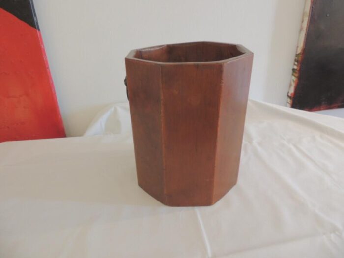 english octagonal shape wood wastebasket with brass lions heads handles 0828