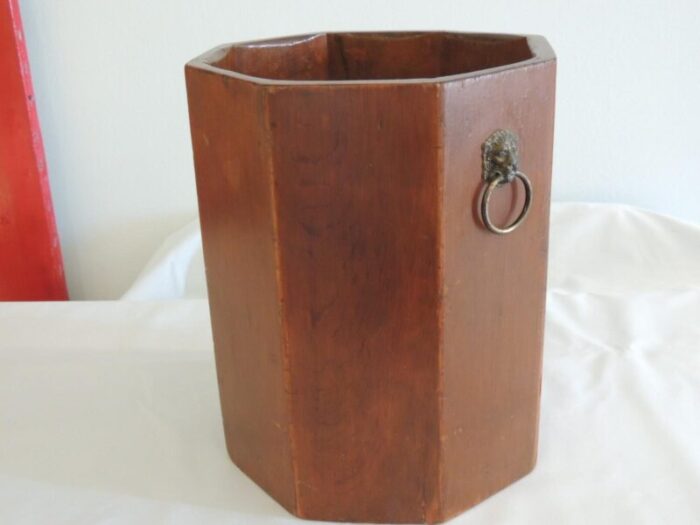 english octagonal shape wood wastebasket with brass lions heads handles 3298