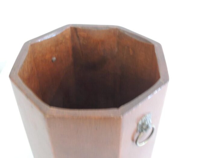 english octagonal shape wood wastebasket with brass lions heads handles 6665