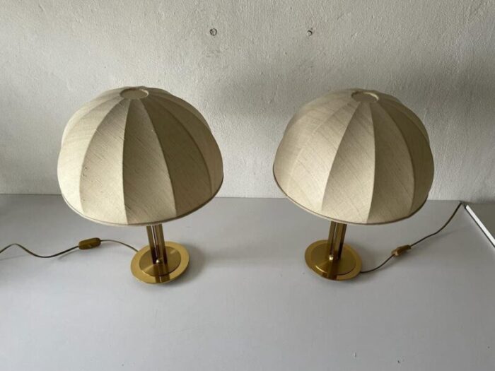 fabric shade brass atomic body table lamps germany 1980s set of 2 3