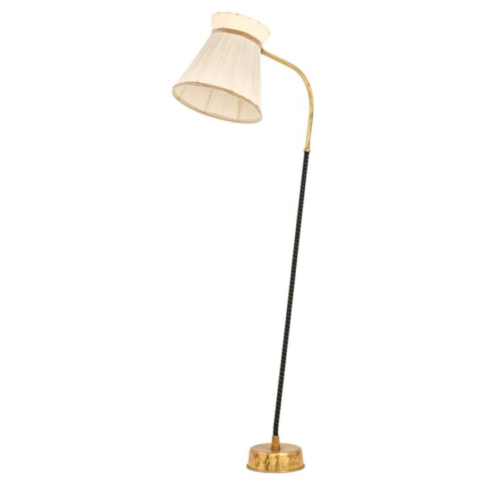 floor lamp in brass leather and linen shade attributed to lisa johansson pape 1940s 7333