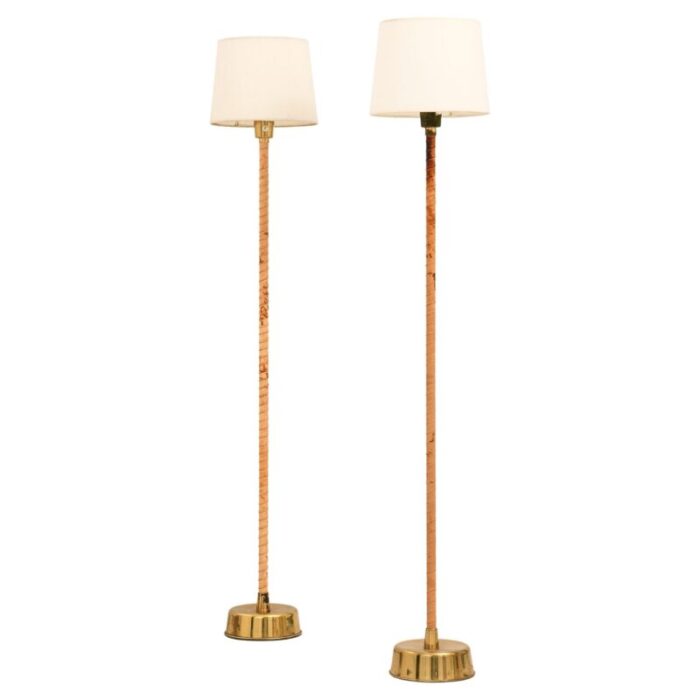 floor lamps in leather brass and lamp shades attributed to lisa johansson pape 1950s set of 2 6467